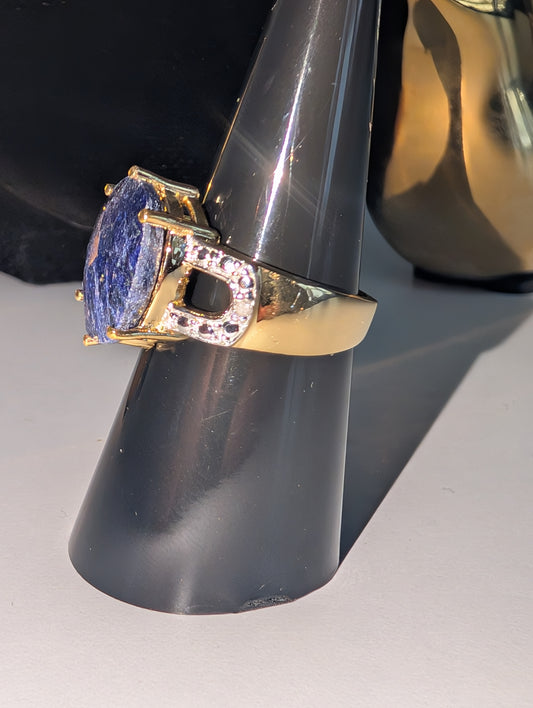 Gorgeous Womens 14K Yellow Gold Over Solid Sterling Silver Diamonds and 7.5 CTW Sapphire Size 7 Designer Ring